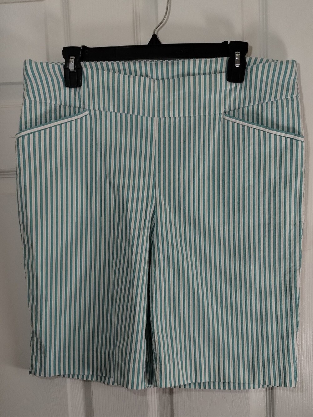 Perfect Stretch By Chico's Teal and White Striped Bermuda Stretch Shorts